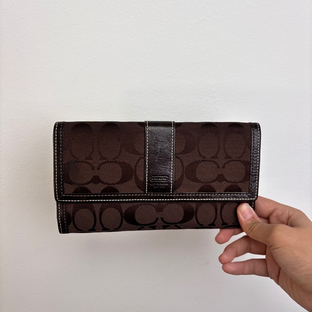 Vintage Y2K Coach Signature C Brown Jacquard Leather Checkbook Long Wallet